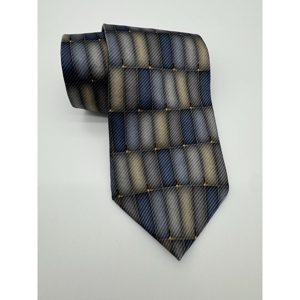 Bill Blass Black Label Silk Tie Gray Blue Geometric Check Pattern USA Made